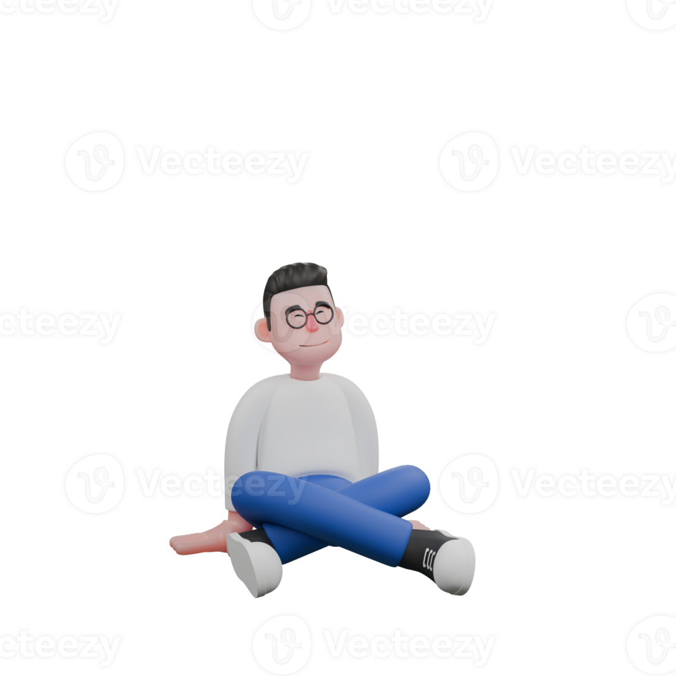 Cartoon Character 3D Model Editor Design. A male editor sits cross-legged on the floor with both hands at his sides. Design Character. png