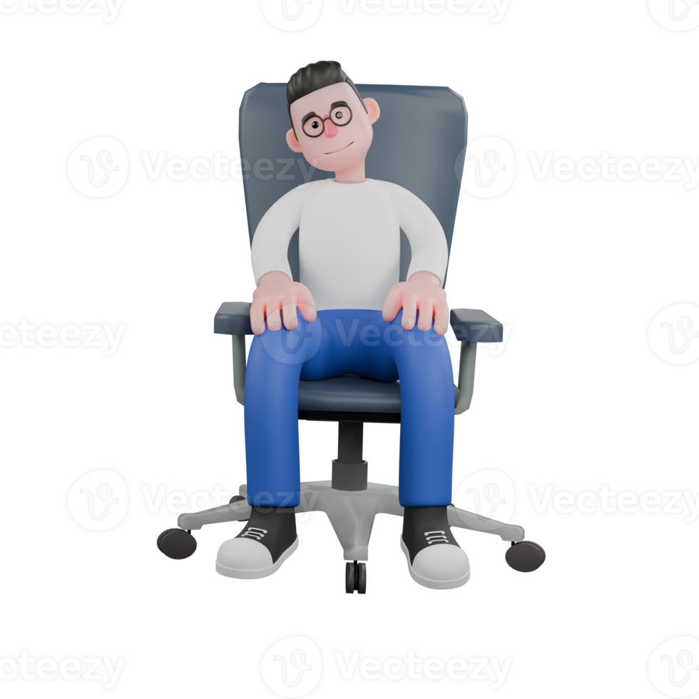 Professional Editing 3D Cartoon Model. A male editor sits on a chair with both hands on his knees. Professional Model. png
