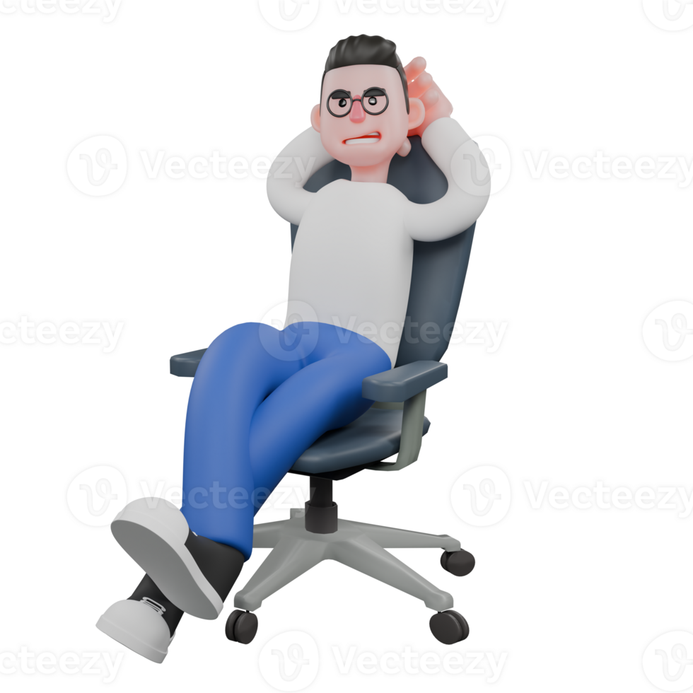 Cartoon Character 3D Model Editor Design. A MaleEditor sits on a chair with one leg crossed over the other, hands behind his head, relaxed and arrogant expression. Professional Model png