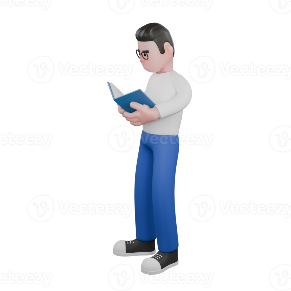 Editor in Cartoon Style 3D Model Illustration. A male editor stands with both hands holding a book while looking at it, an expression of reading. Design Character. png