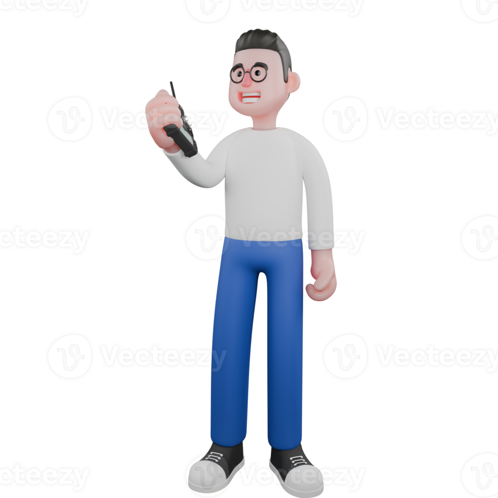 Cartoon Character 3D Model Editor Design. A male editor stands holding a remote in his right hand, and his left hand clenched. Illustration Design. png