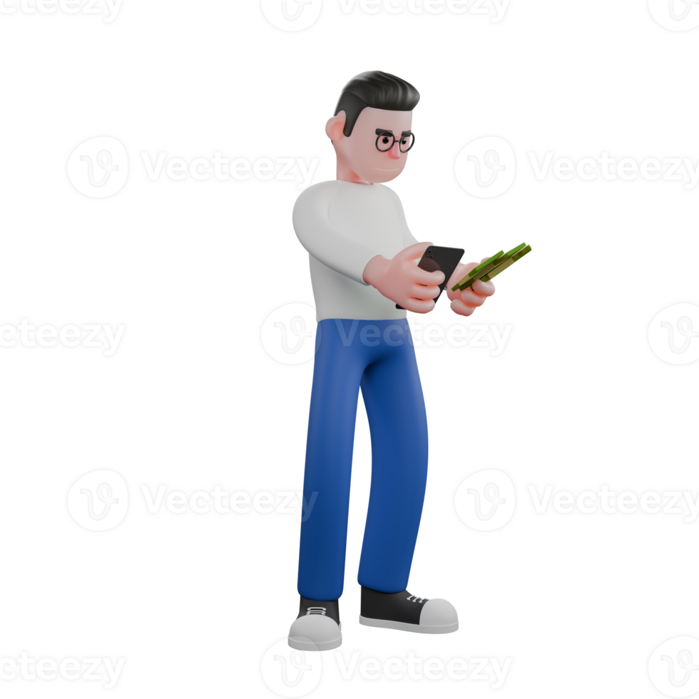 3D Cartoon Character Model for Editing. A Male Editor standing with his right hand holding a mobile phone and his left hand holding money. Illustration Design png