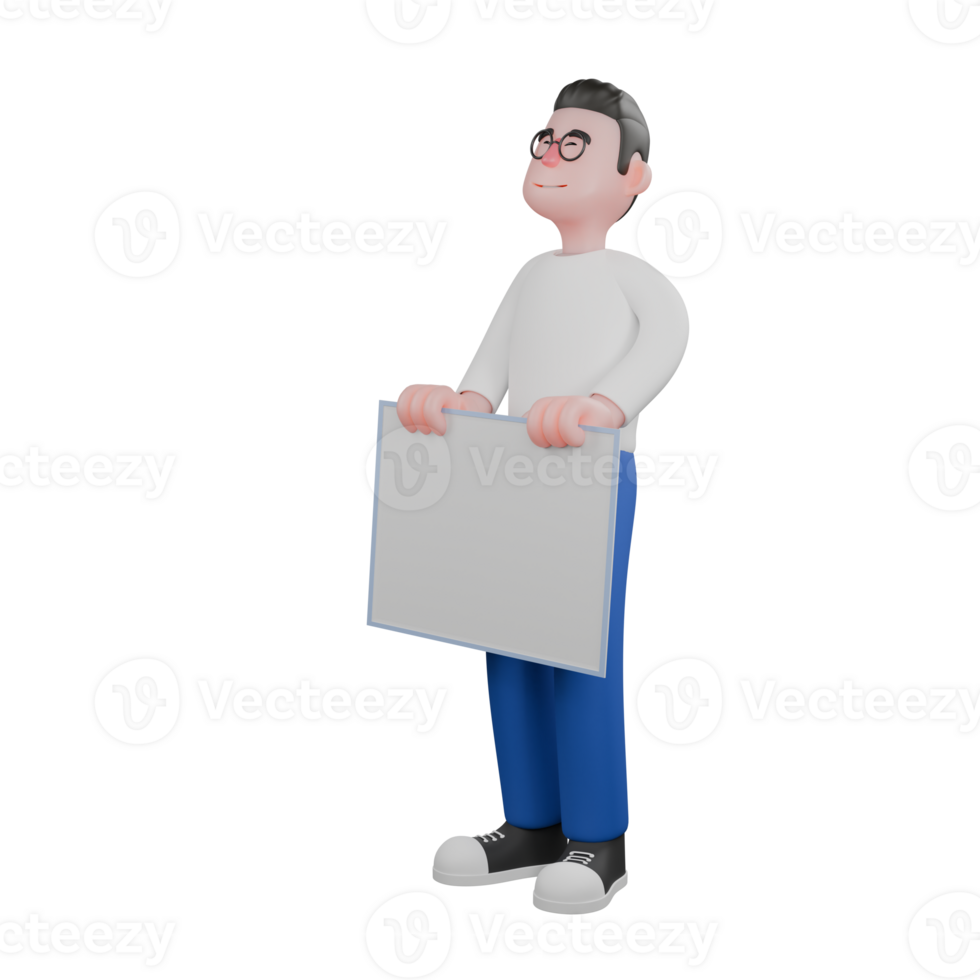 3D Model Cartoon Character for Editing. A male editor stands with both hands holding a whiteboard. Professional Model. png