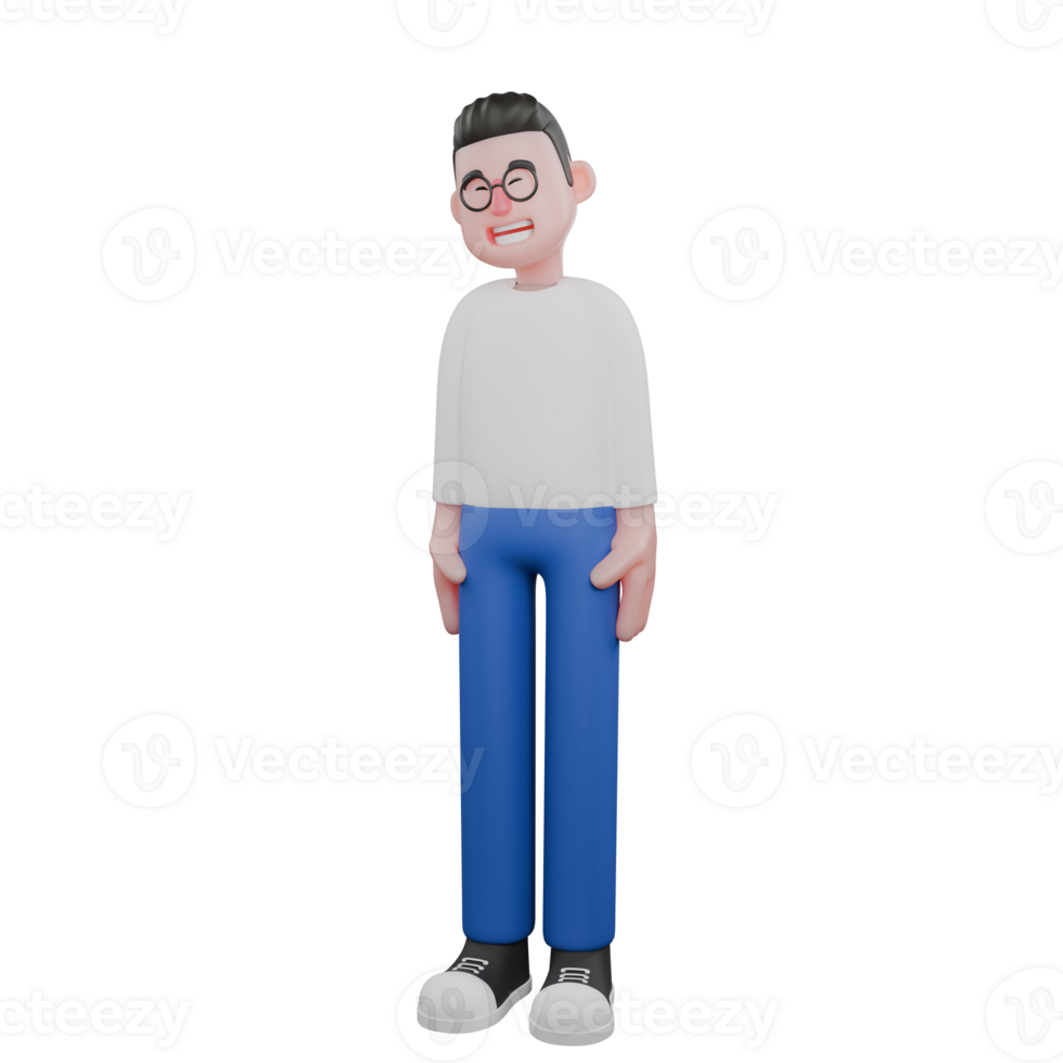 Cartoon Character 3D Model Editor Design. A male editor stands with his hands on his waist and his eyes closed, laughing expression. Illustration Design. png