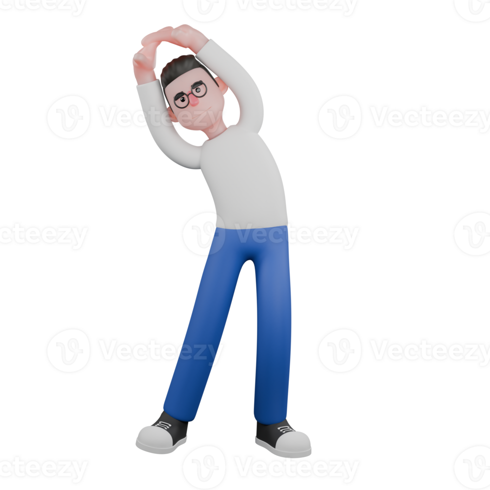 Editor in Cartoon Style 3D Model Illustration. A male editor stands while stretching, and both hands are above head,expression of relief. Design Character. png