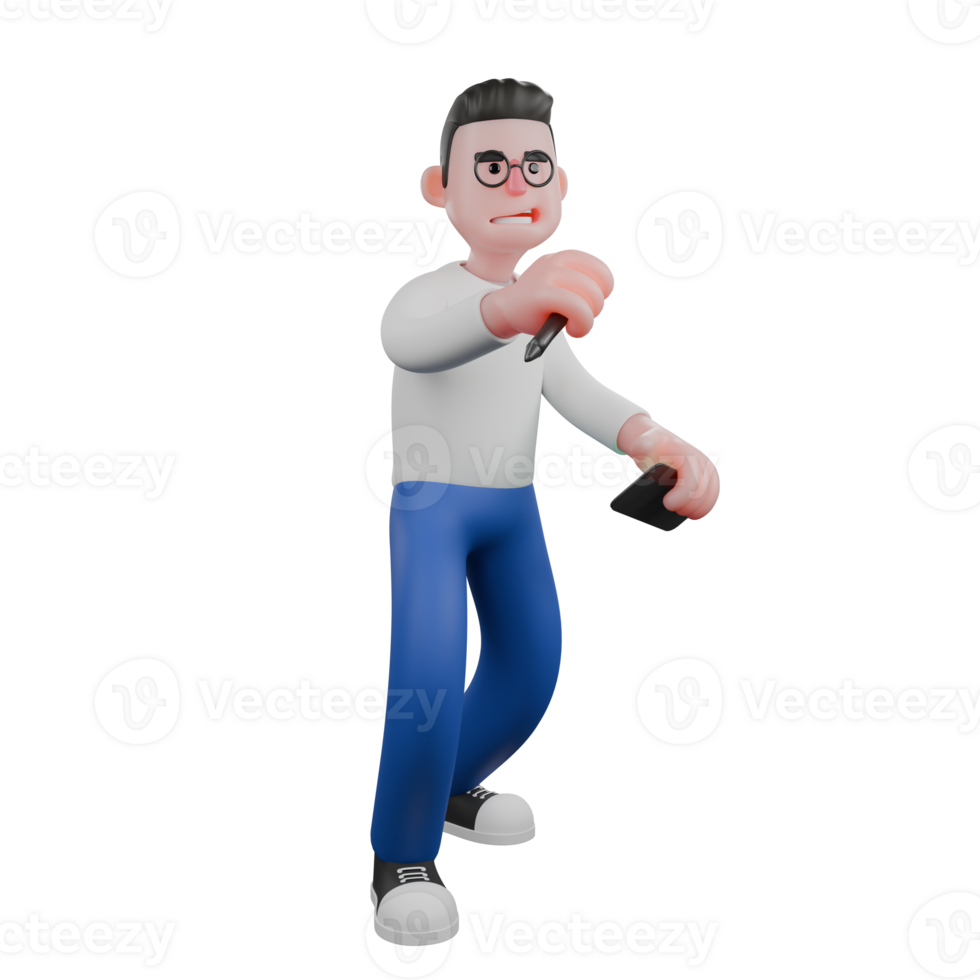 Editor in Cartoon Style 3D Model Illustration. A Male Editor Stands with one foot forward, holding a pen in his right hand. Design Character png