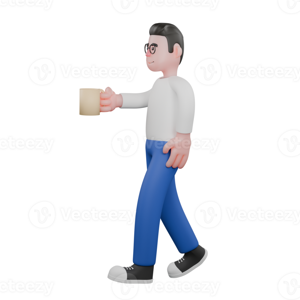 Professional Editing 3D Cartoon Model. A male editor walks with a coffee cup in his right hand. Professional Model. png