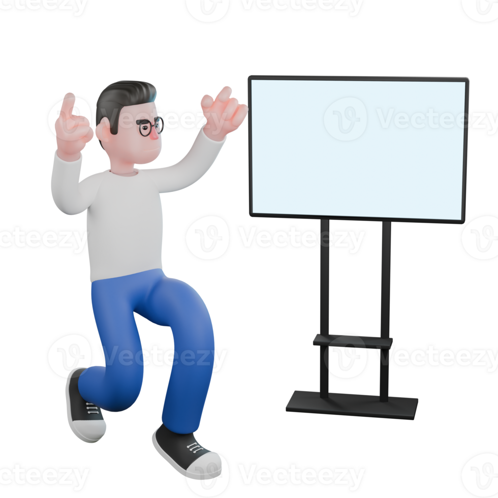 Professional Editing 3D Cartoon Model. A male editor crouches in front of a board with both hands raised up. Illustration Design png
