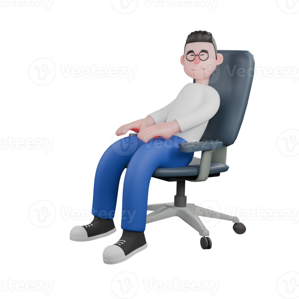 Professional Editing 3D Cartoon Model. A male editor sits on a chair with both hands on his thighs. Professional Model. png
