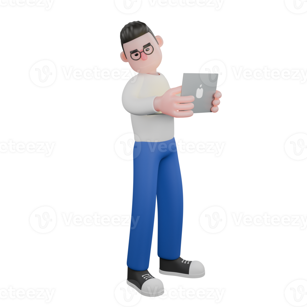 Creative Editor 3D Cartoon Character Design. A male editor stands facing left with both hands holding a tablet. Professional Model png