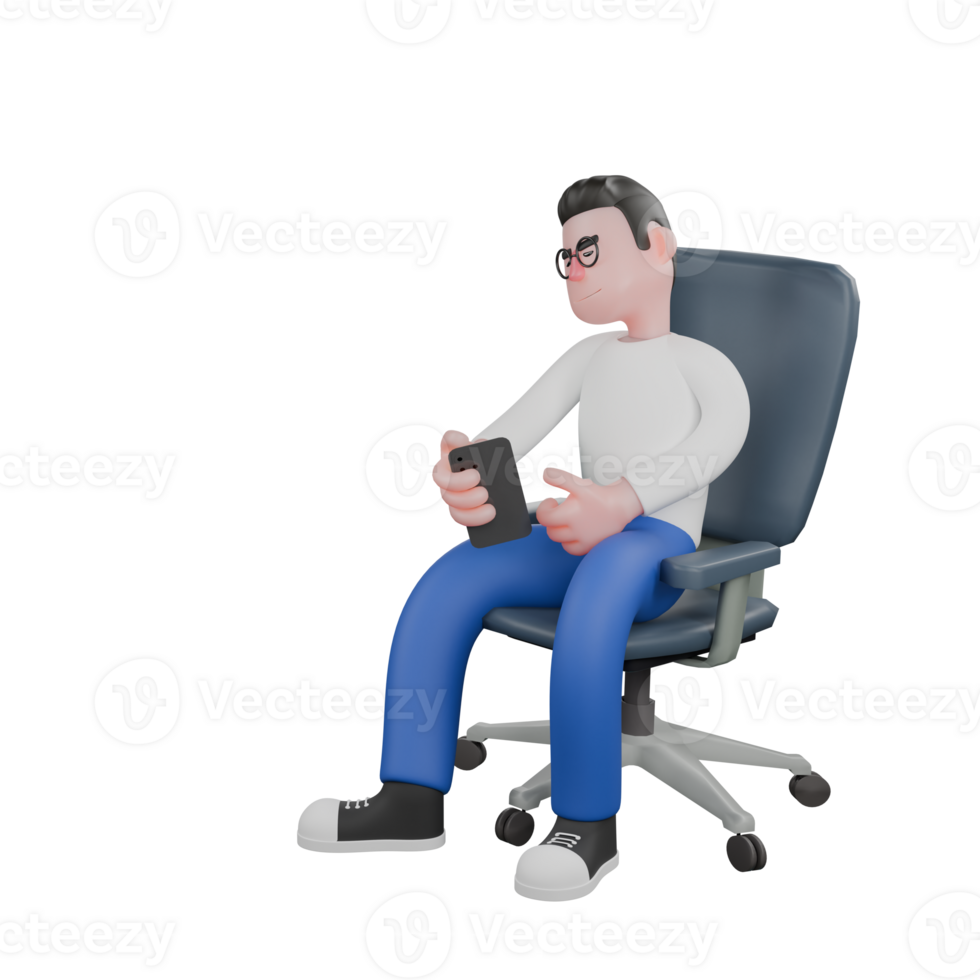 Editor in Cartoon Style 3D Model Illustration. A male editor sits on a chair with his right hand holding a cellphone and his left hand giving a thumbs up. Illustration Design png