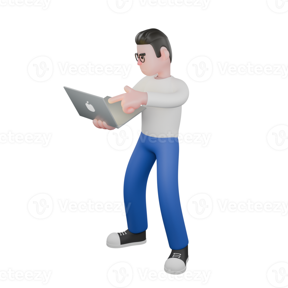 Editor in Cartoon Style 3D Model Illustration. A Male Editor stands with his right hand holding a laptop and his left hand pointing at the laptop screen. Design Character png