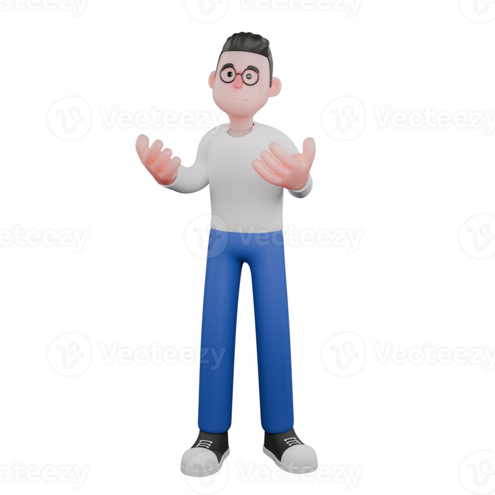 Editor in Cartoon Style 3D Model Illustration. A Male Editor stands with both hands in front of his chest, friendly smile on his face . Design Character png