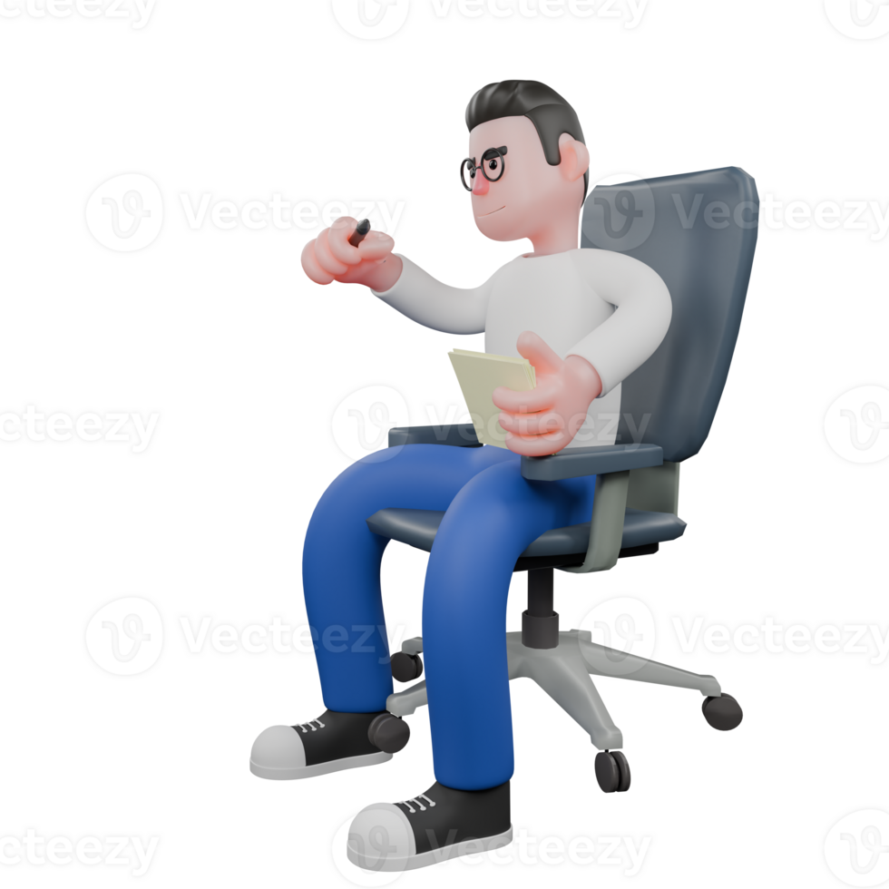Editor in Cartoon Style 3D Model Illustration. A male Editor sits on a chair with his right hand extended forward holding a pen while his left hand holds a paper. Design Character png