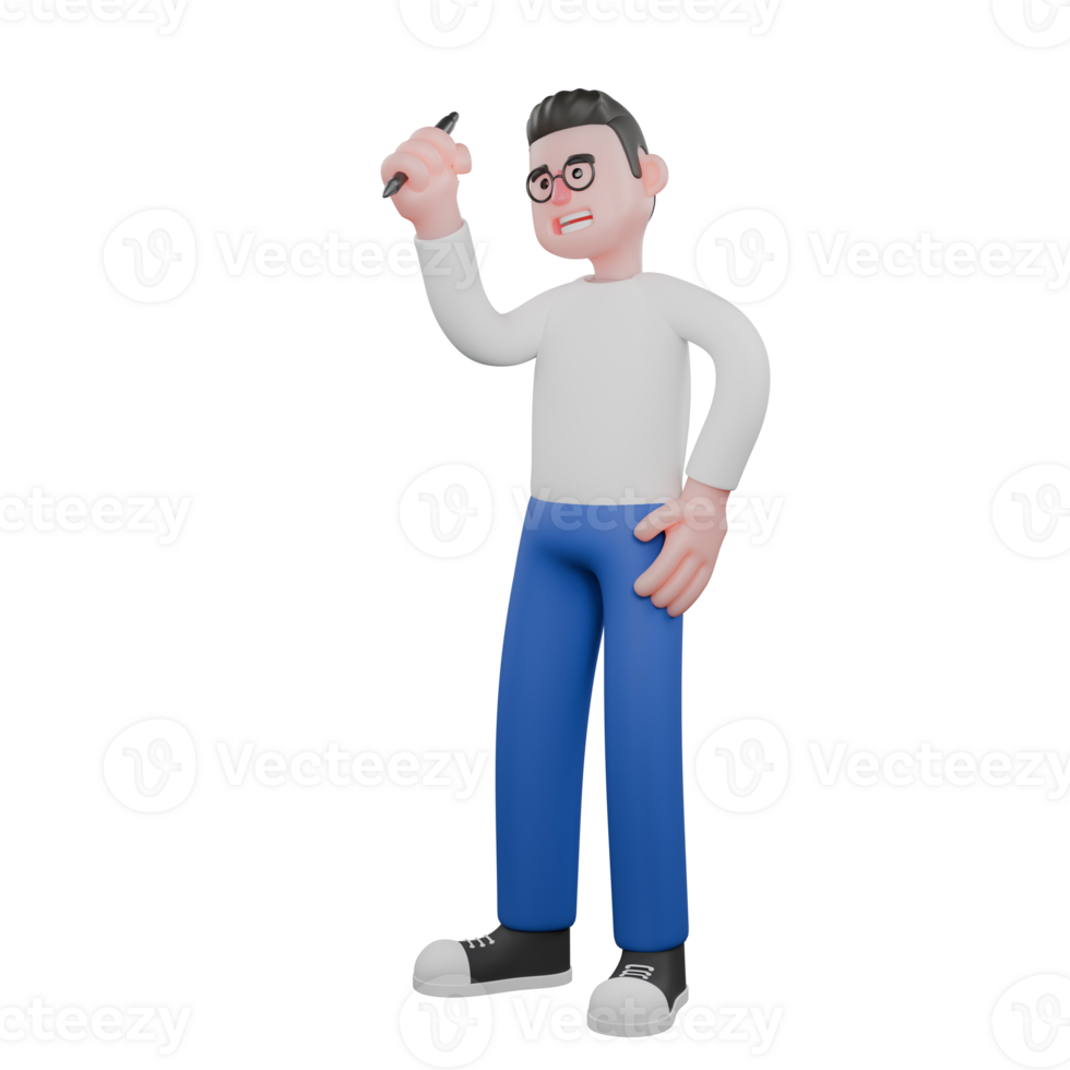 Editor in Cartoon Style 3D Model Illustration. A male editor stands with his right hand raised while holding a pen, and his left hand is on his waist. Design Character. png