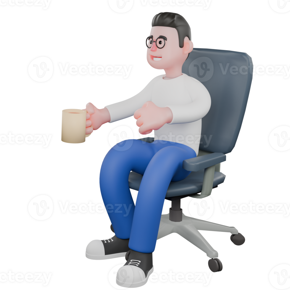 3D Model Cartoon Character for Editing. A male editor sits on a chair with his right hand holding a coffee cup and his left hand clenched. Design Character. png