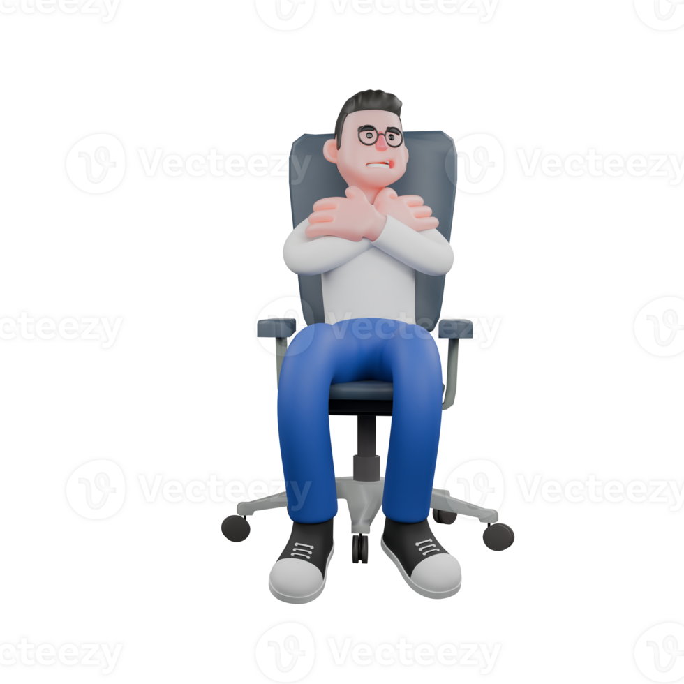 Cartoon Character 3D Model Editor Design. A Male Editor sits on a chair with his arms crossed in front of his chest, satisfied expression. Professional Model png