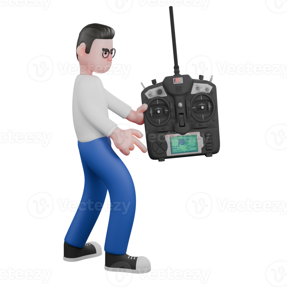 Editor in Cartoon Style 3D Model Illustration. A Male Editor stands with his left hand holding a large drone remote and his right hand pointing to the floor. Professional Model. png