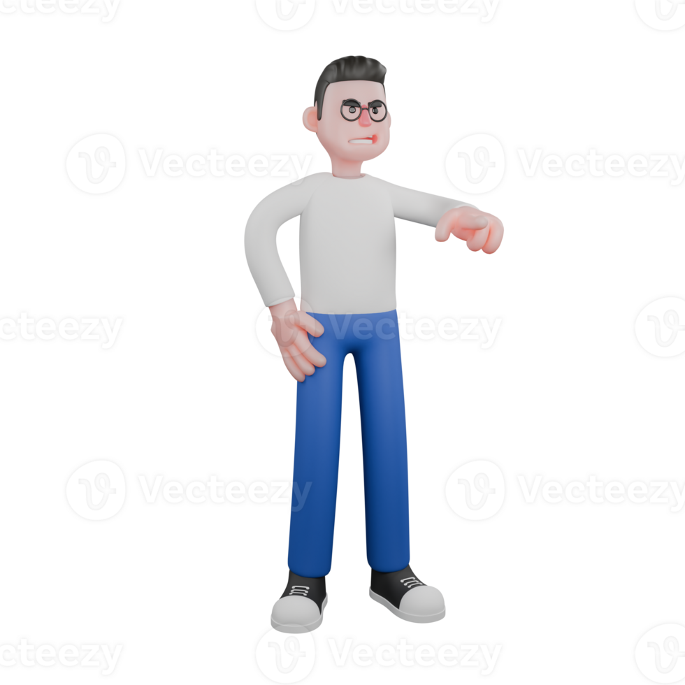 Editor in Cartoon Style 3D Model Illustration. A Male Editor stands with one hand on his waist, the other hand pointing at someone with sly smile expression . Design Character png