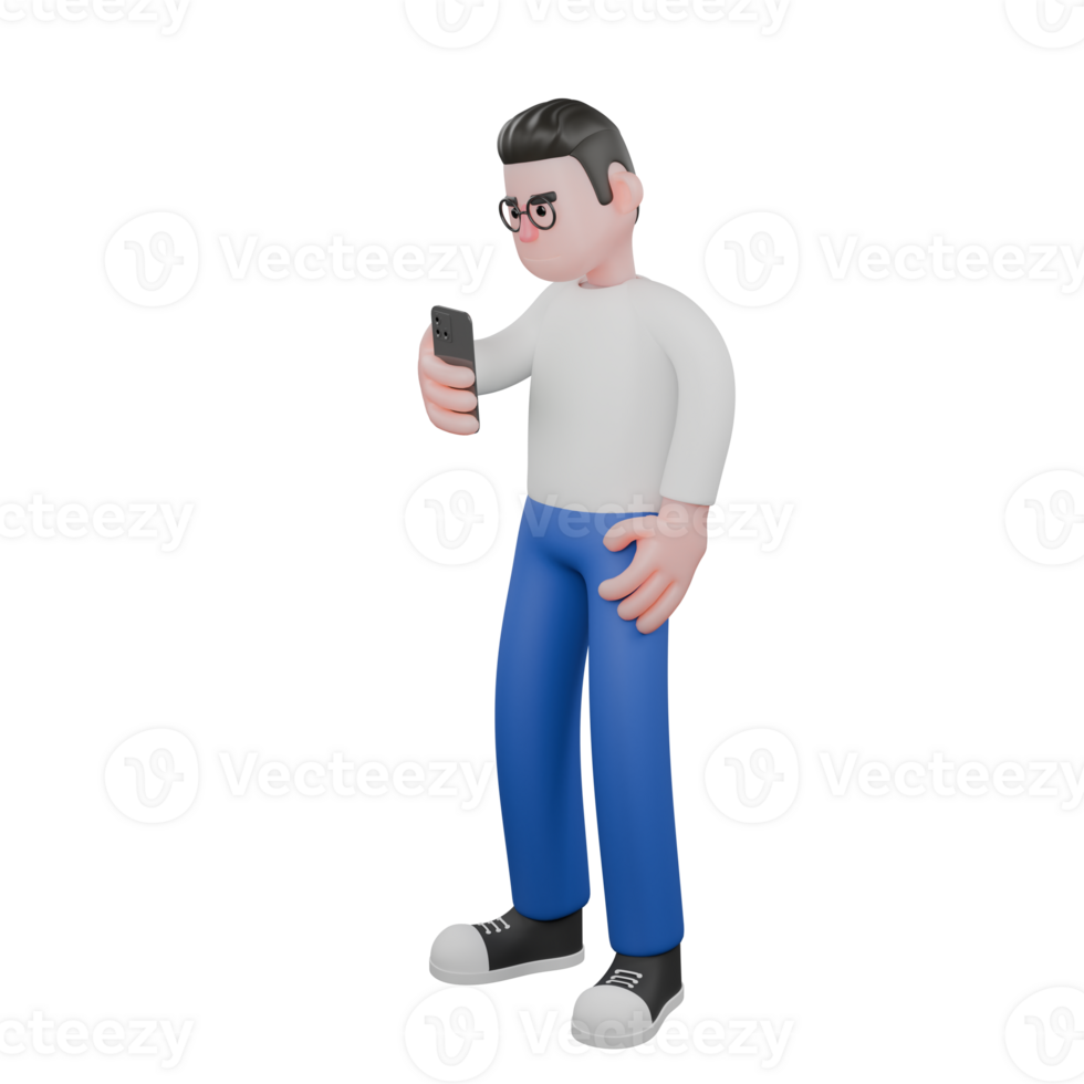 Creative Editor 3D Cartoon Character Design. A Male Editor stands with his right hand holding a cellphone and his left hand on his waist. Professional Model png