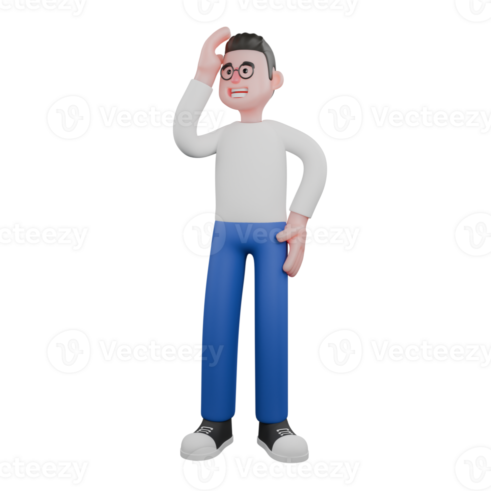 Professional Editing 3D Cartoon Model. A male editor stands with his right hand holding his head, and his left hand on his waist, forgetful expression. Professional Model. png