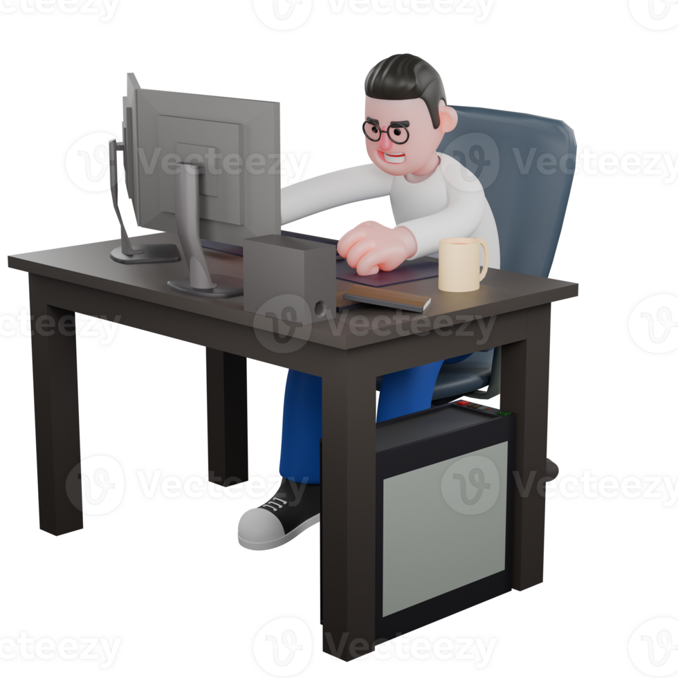 Editor in Cartoon Style 3D Model Illustration. A male editor sits on a chair with a computer on the table, focused expression. Design Character. png