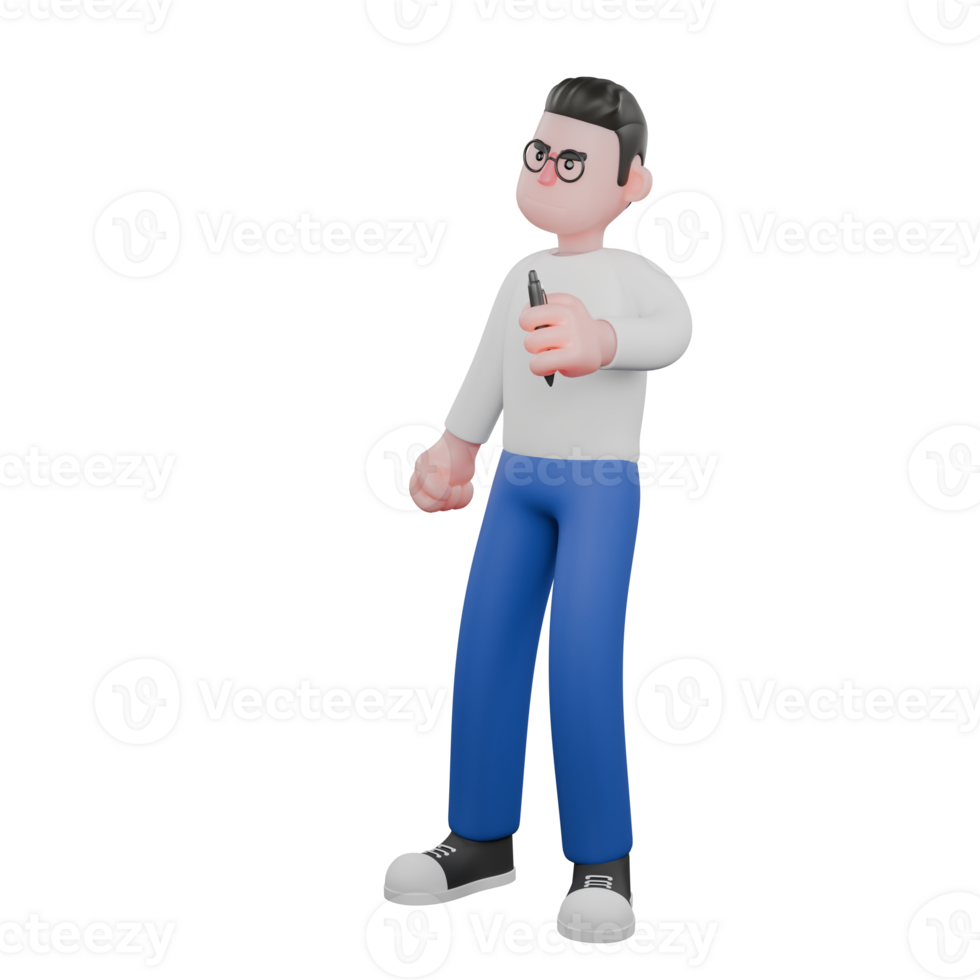 Cartoon Character 3D Model Editor Design. A male editor stands with his left hand holding a pen and his right hand clenched. Professional Model. png