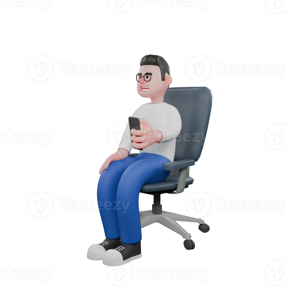 Professional Editing 3D Cartoon Model. A male editor sits holding a cellphone in his left hand, happy expression. Illustration Design. png