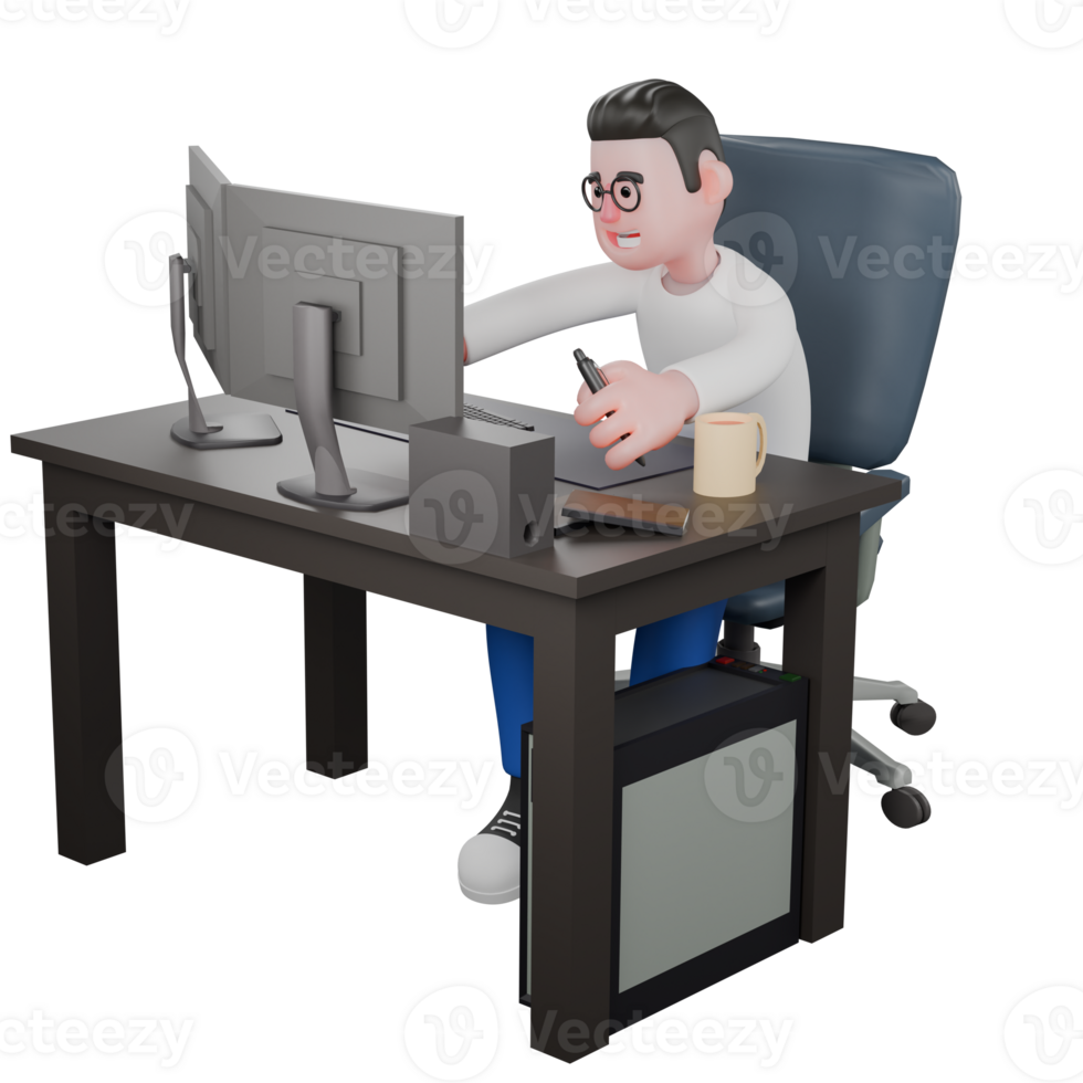 3D Model Cartoon Character for Editing. A male editor sits on a chair with a computer on the table with his left hand holding a pen. Design png