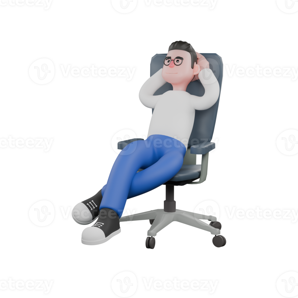 Editor in Cartoon Style 3D Model Illustration. A maleeditor sits leaning back in a chair with both hands holding his head while looking up, an expression of daydreaming. Design Character. png