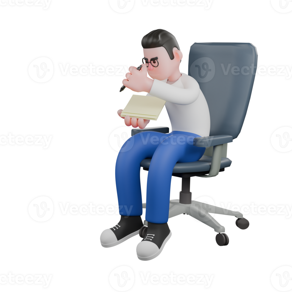 Cartoon Character 3D Model Editor Design. A male editor sits on a chair with his right hand holding a paper and his left hand holding a pen. Professional Model. png