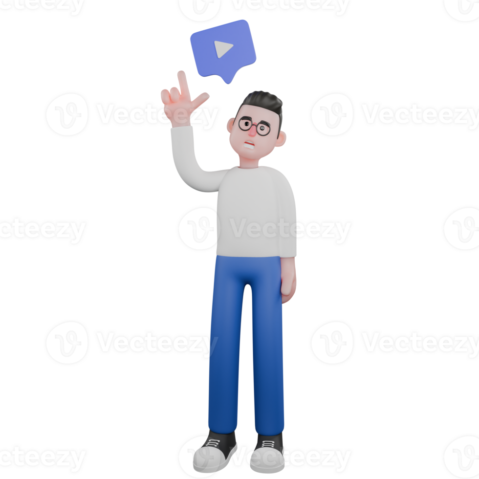 Cartoon Character 3D Model Editor Design. A male editor stands with his hands forming a gun symbol while pointing upwards, eureka expression. Illustration Design. png