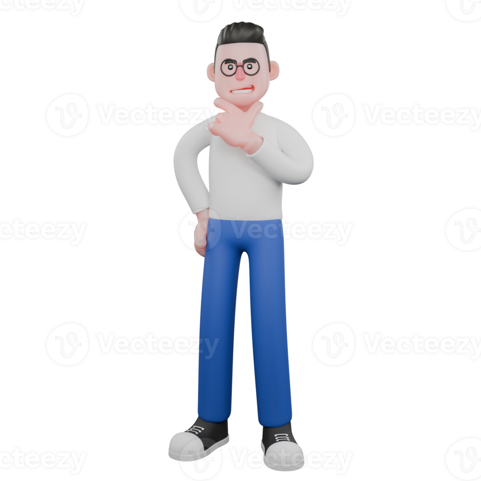 Editor in Cartoon Style 3D Model Illustration. A Male Editor stands with one hand on his hip and the other holding his chin, expression full of arrogance. Design Character png