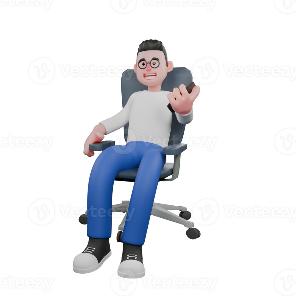 Editor in Cartoon Style 3D Model Illustration. A male editor sits holding a cellphone in his left hand, looking expression something in front of him. Design Character. png