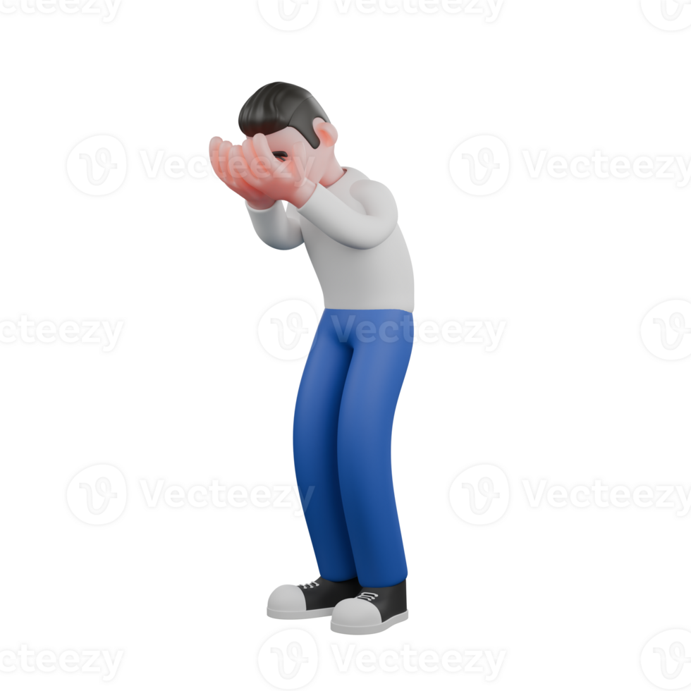 Cartoon Character 3D Model Editor Design. A male editor stands with his body slightly bent over with both hands covering his face. Design Character png
