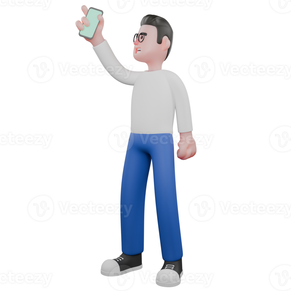 Professional Editing 3D Cartoon Model. A Male Editor Stands with one hand holding his cellphone up and the other hand clenched beside his body . Illustration Design png