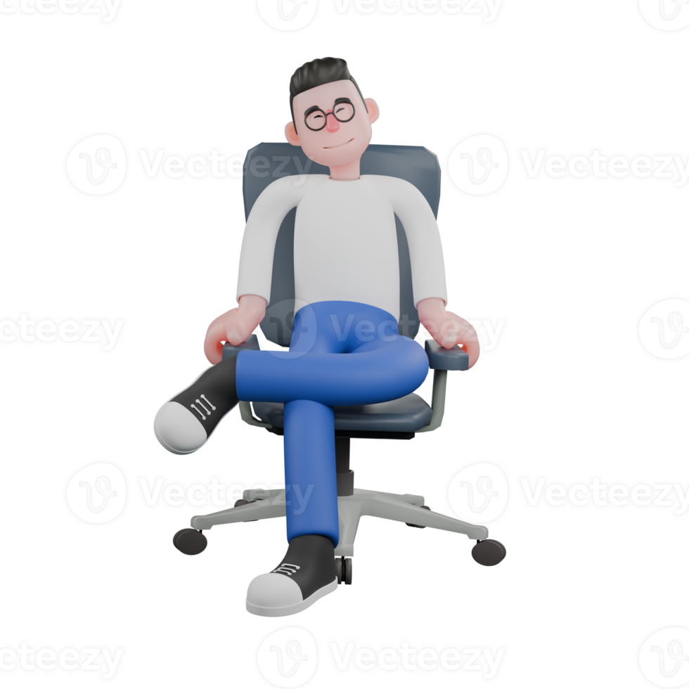 3D Model Cartoon Character for Editing. A male editor sits on a chair with his left leg bent over his right leg and both hands on the chair handle. Design Character. png