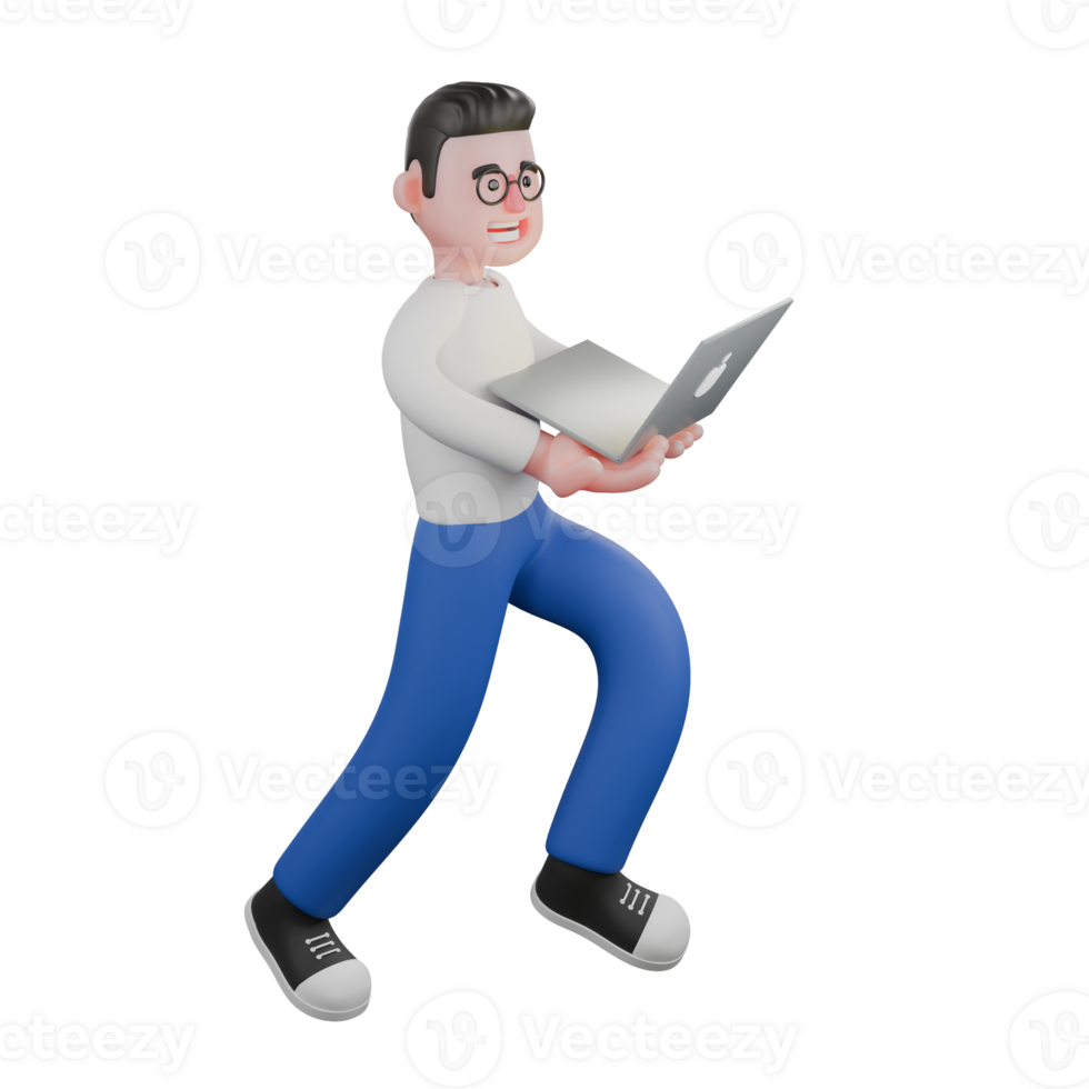 Professional Editing 3D Cartoon Model. A male editor walks with both hands holding a laptop, happy expression. Illustration Design png