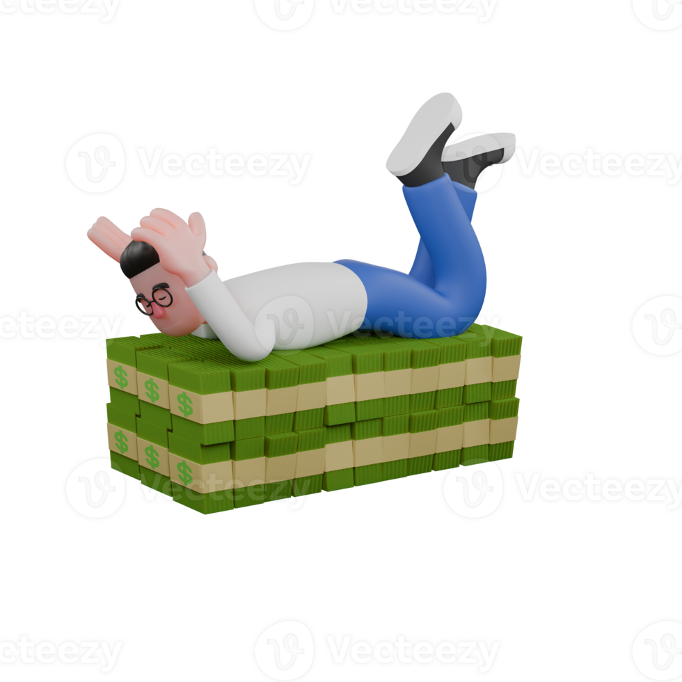 Creative Editor 3D Cartoon Character Design. A male editor lies on a pile of money with both hands on his fists and both legs crossed. Professional Model. png