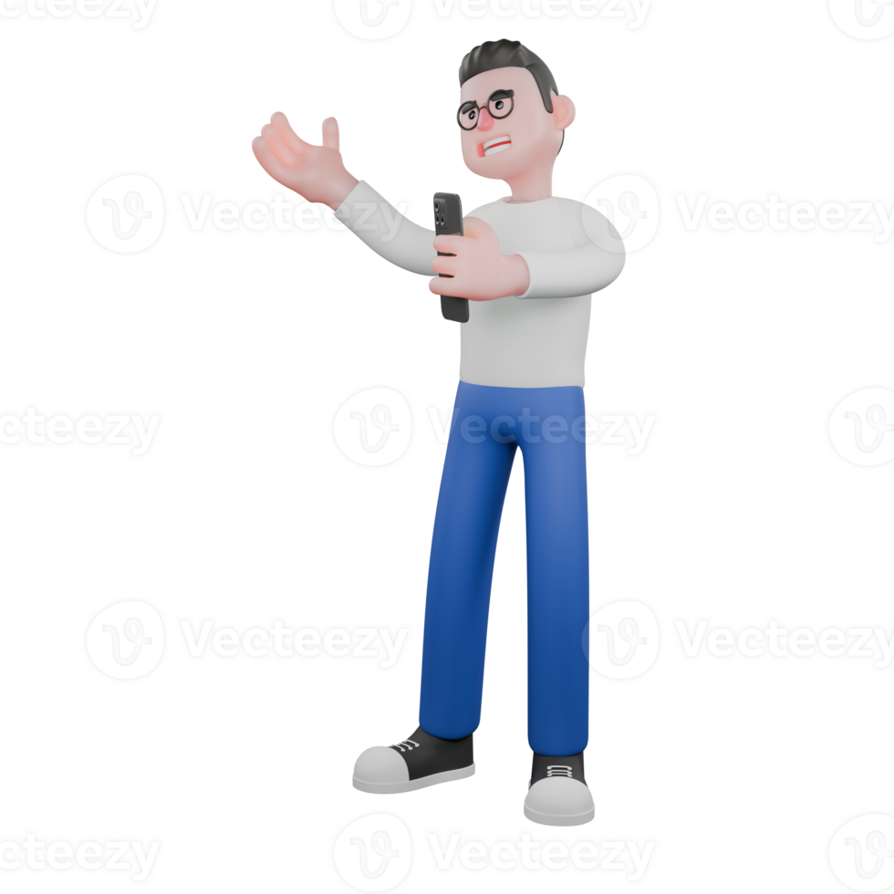 Cartoon Character 3D Model Editor Design. A male editor stands holding a cellphone in his left hand, and his right hand is open, an expression of giving direction to the object. Illustration Design. png