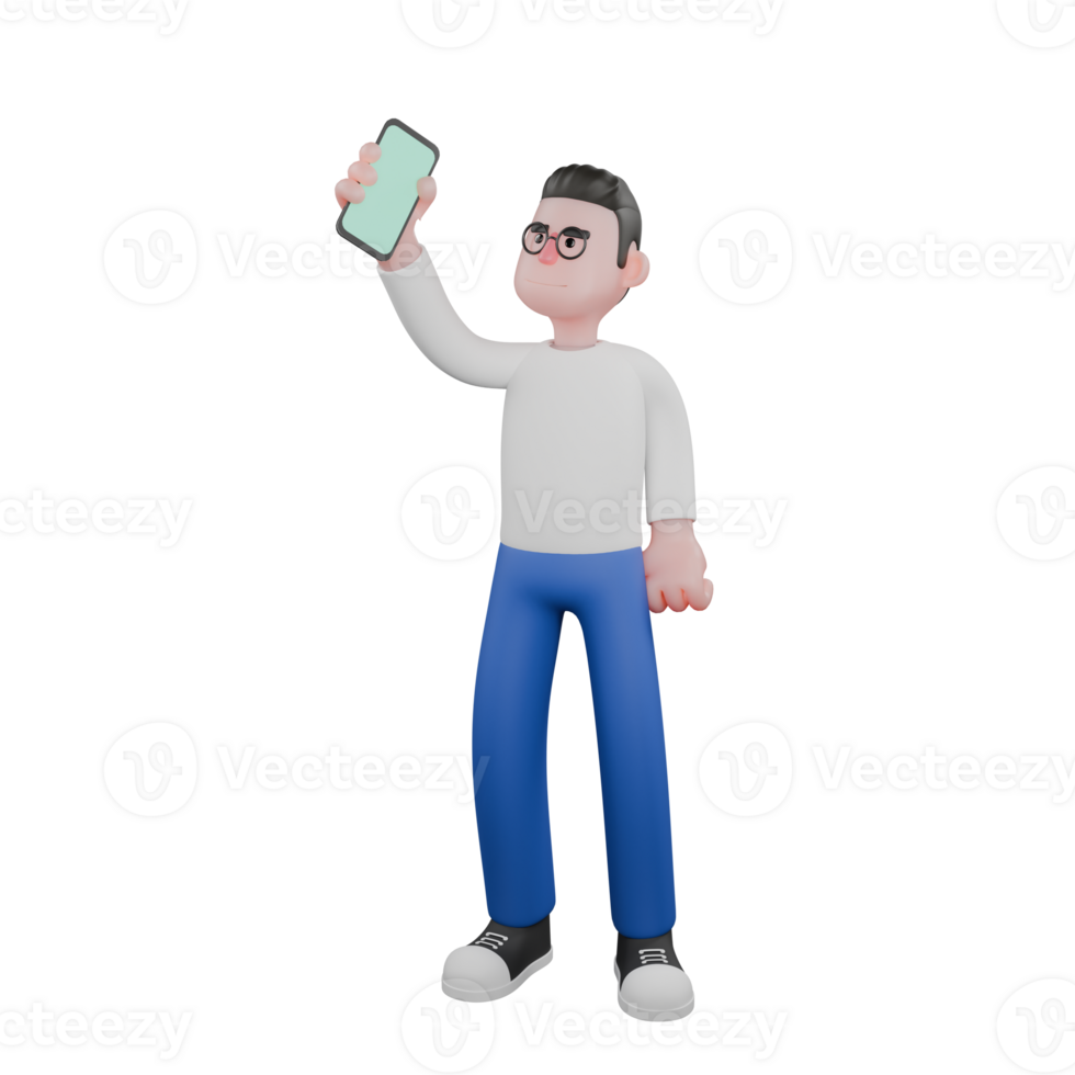 Cartoon Character 3D Model Editor Design. A Male Editor Stands with his right hand holding his cellphone up and the other hand beside his body, serious expression. Professional Model png
