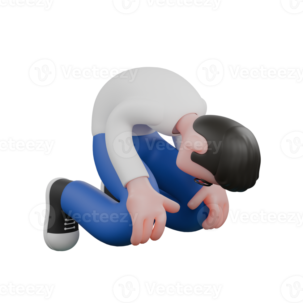 Professional Editing 3D Cartoon Model. A male editor kneels on the floor with his head on his knees and his hands hugging his knees. Professional Model. png