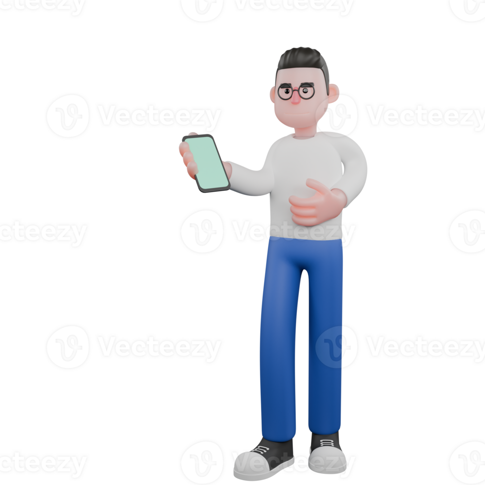 Professional Editing 3D Cartoon Model. A male editor stands holding a cellphone in his right hand, and his left hand seems to be explaining. Professional Model. png