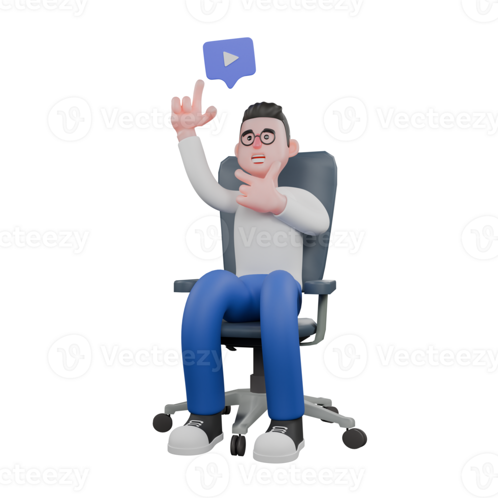 Professional Editing 3D Cartoon Model. A male editor sits with his left hand on his chin, and his right hand pointing upwards, eureka expression. Professional Model. png