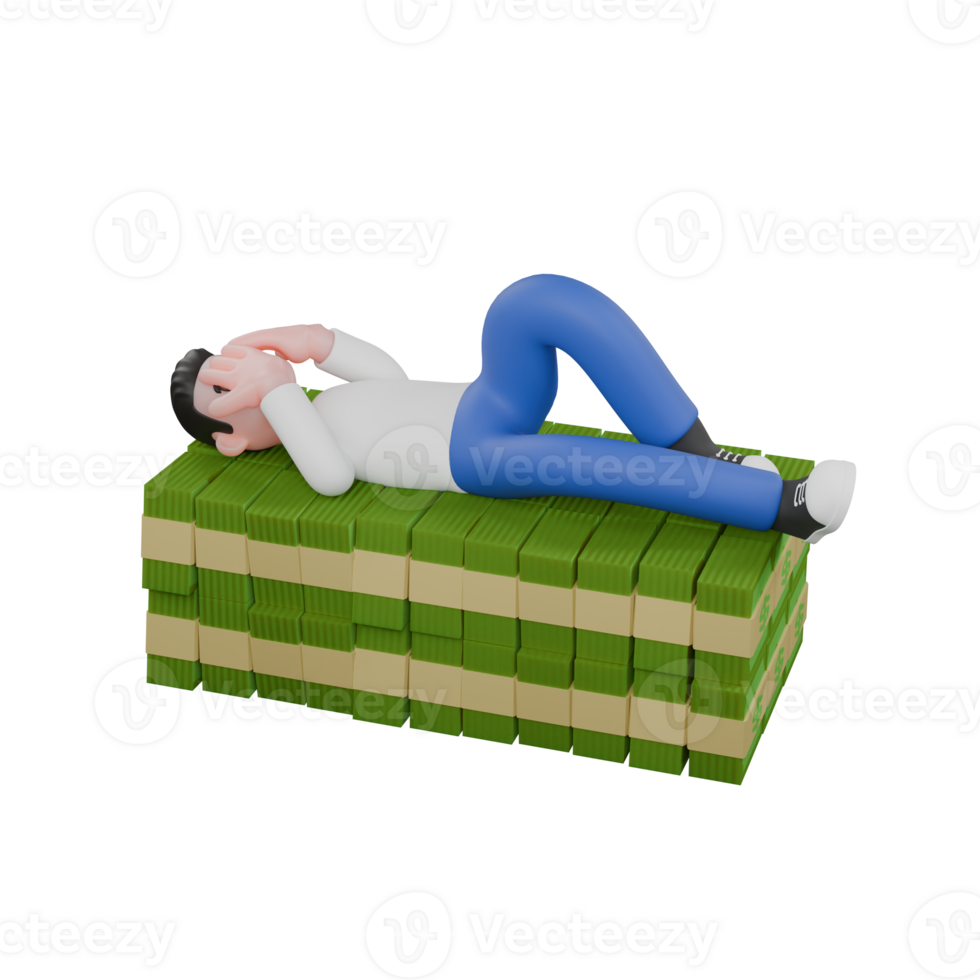 3D Model Cartoon Character for Editing. A male editor lies on a pile of money with both hands covering his face. Design png