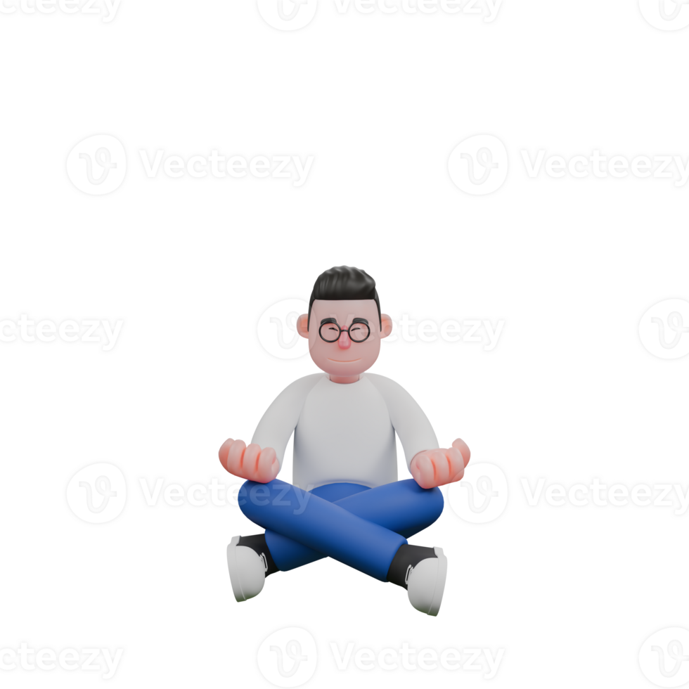 Creative Editor 3D Cartoon Character Design. A male editor sits cross-legged with both hands on his knees as if meditating. Illustration Design png