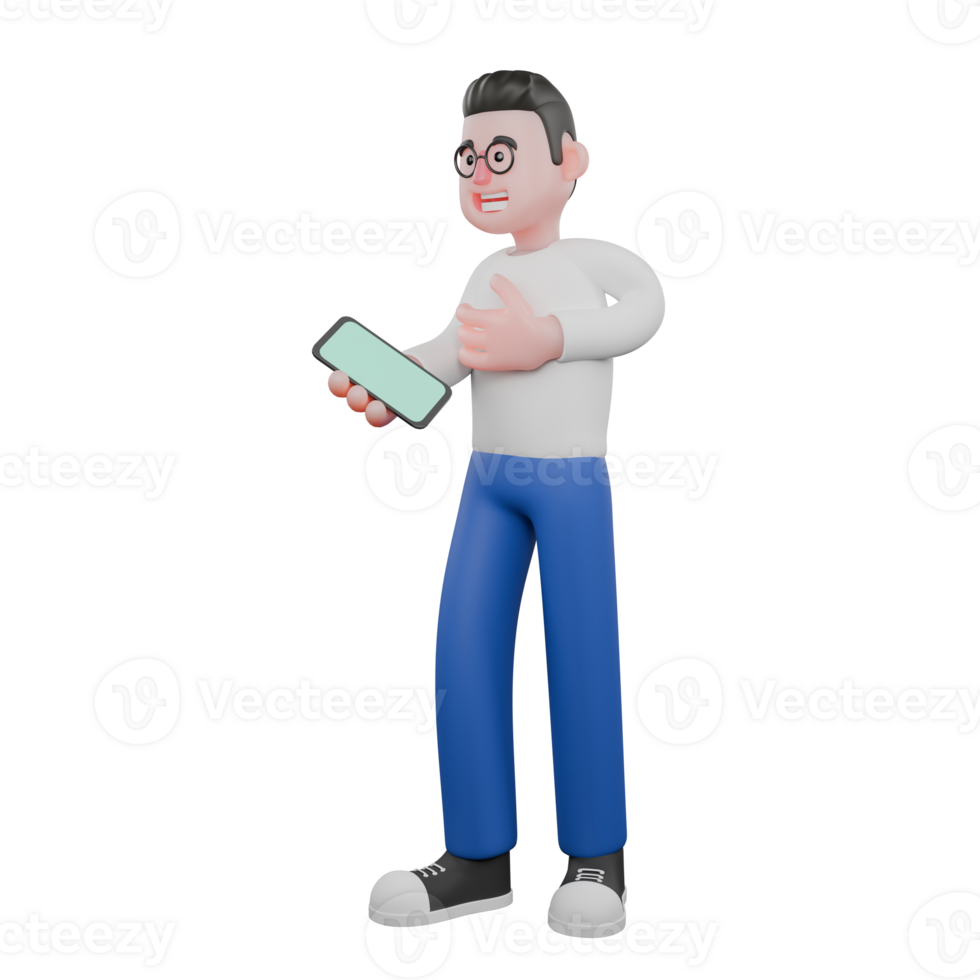 Cartoon Character 3D Model Editor Design. A male editor stands holding a cellphone in his right hand, speaking expression. Illustration Design. png