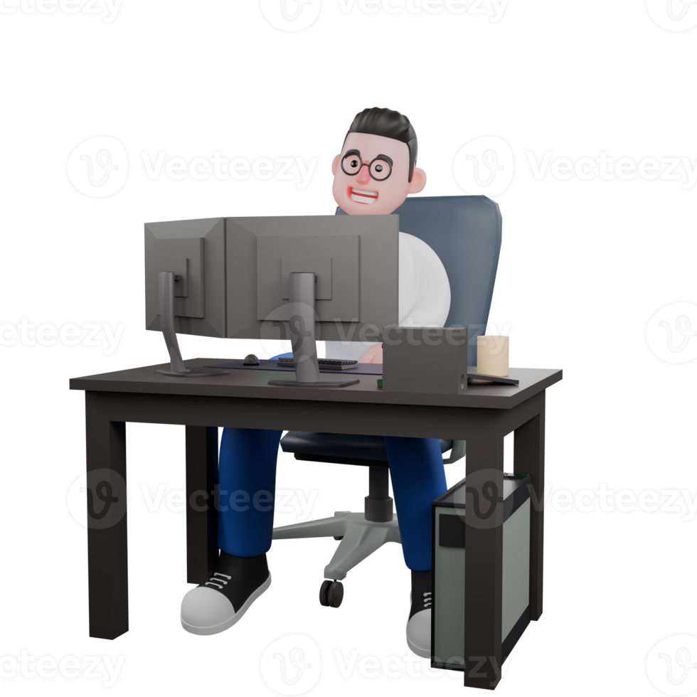 Cartoon Character 3D Model Editor Design. A Male Editor sits with two computers on a table, warm smile, expression full of kindness. Professional Model png