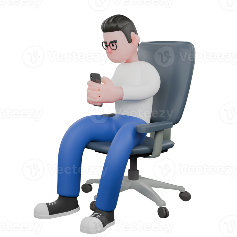 Professional Editing 3D Cartoon Model. A Male Editor sits on a chair with both hands holding a cellphone. Design Character png