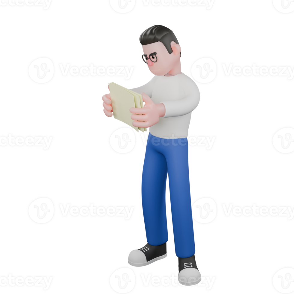 Creative Editor 3D Cartoon Character Design. A male editor stands with both hands holding several sheets of paper. Design png